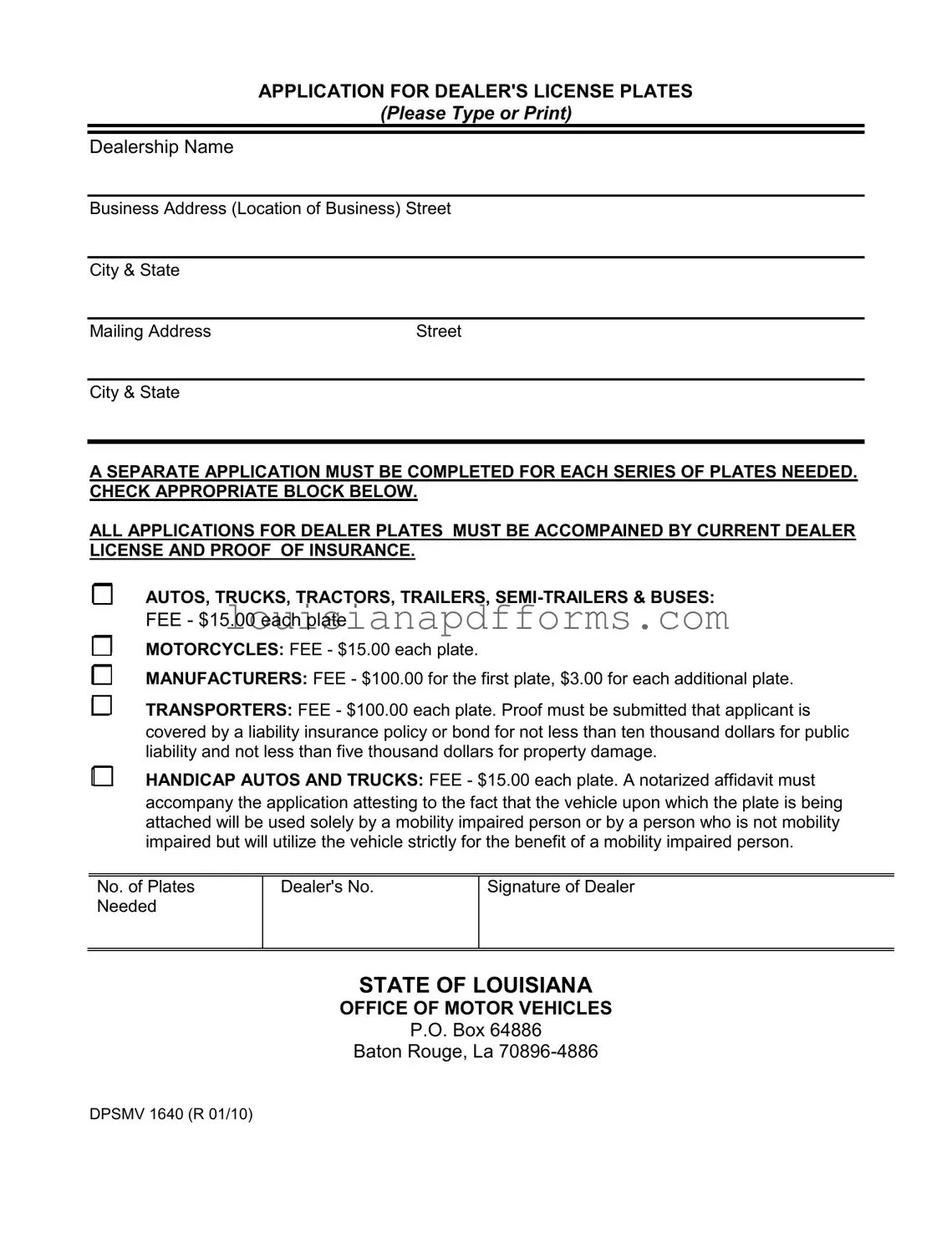 Blank Dpsmv 1640 Louisiana PDF Form