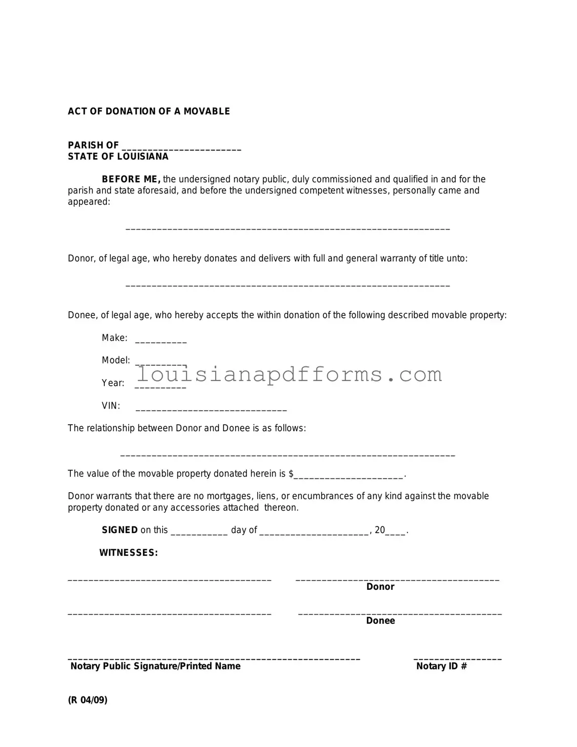 Blank Louisiana act of donation PDF Form
