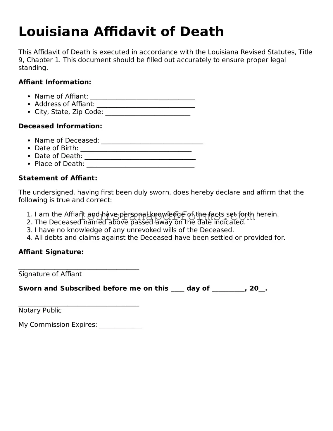Louisiana Affidavit of Death Form