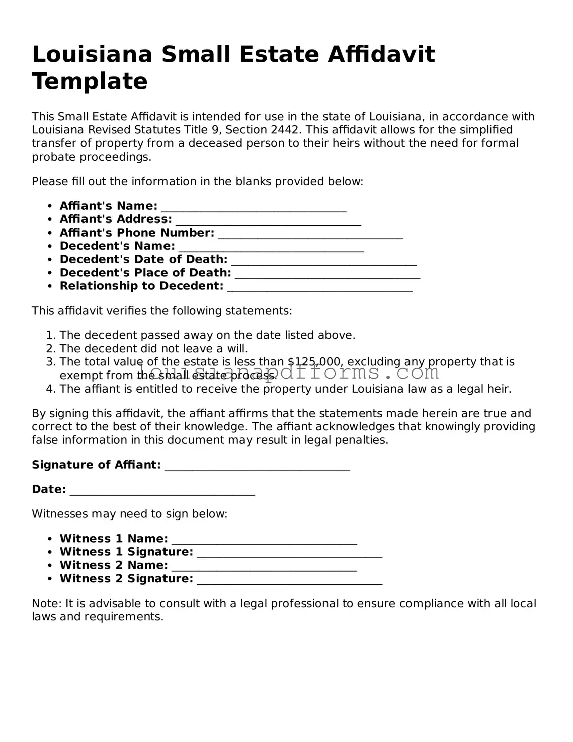 Louisiana Small Estate Affidavit Form