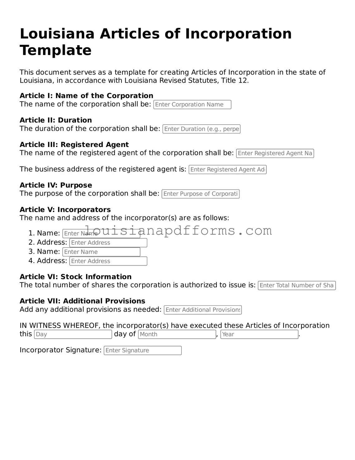 Louisiana Articles of Incorporation Form