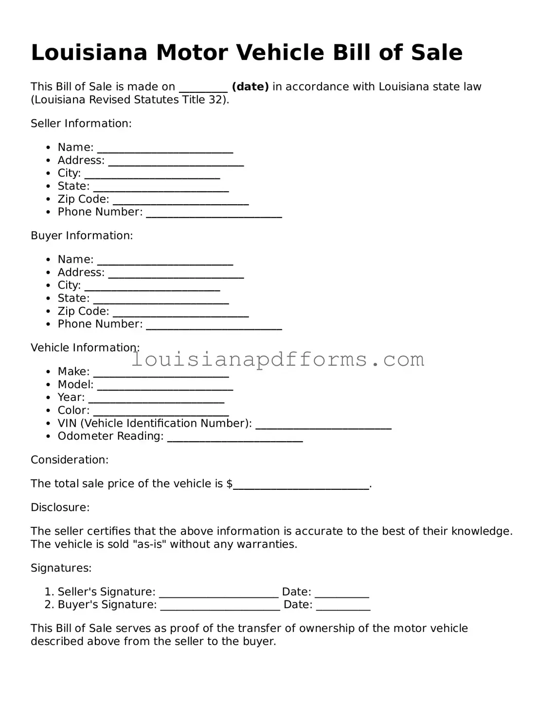 Louisiana Motor Vehicle Bill of Sale Form