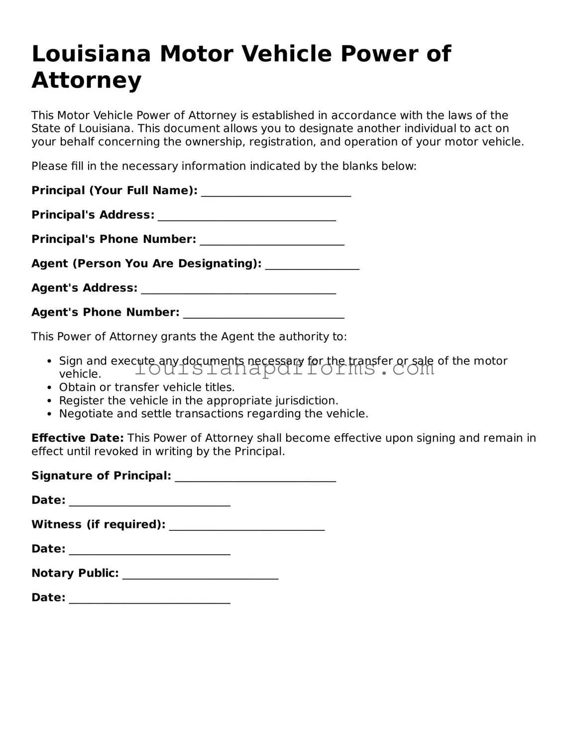 Louisiana Motor Vehicle Power of Attorney Form