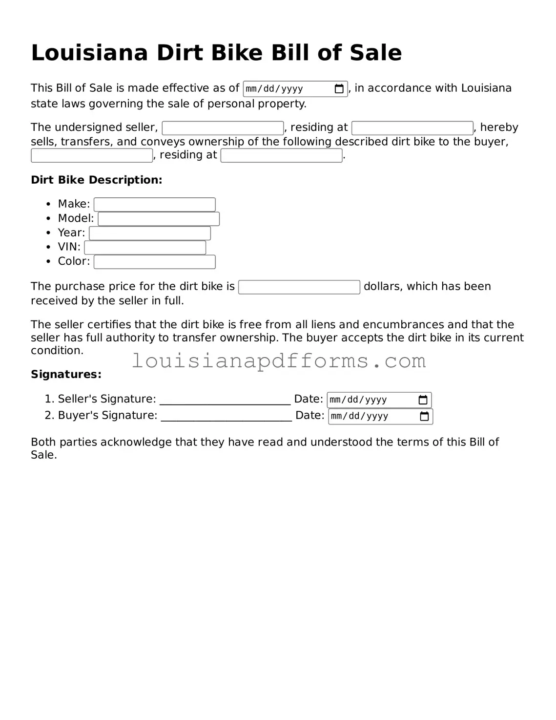 Louisiana Dirt Bike Bill of Sale Form