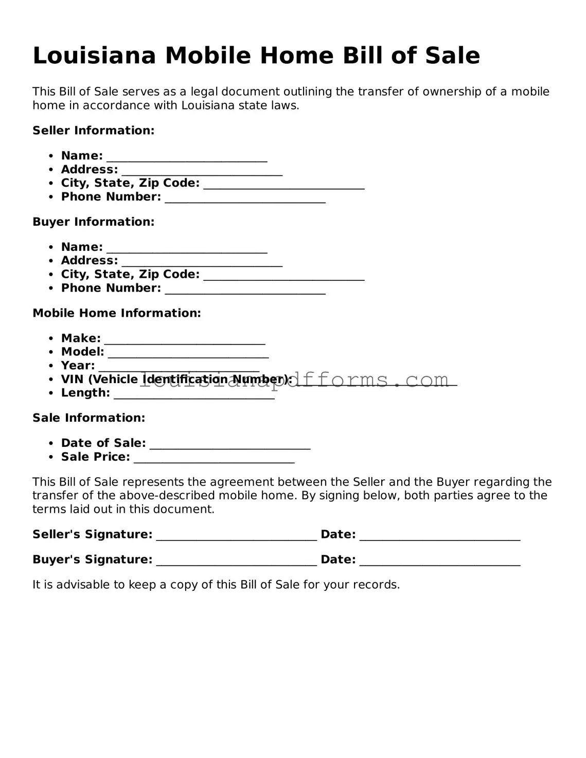 Louisiana Mobile Home Bill of Sale Form