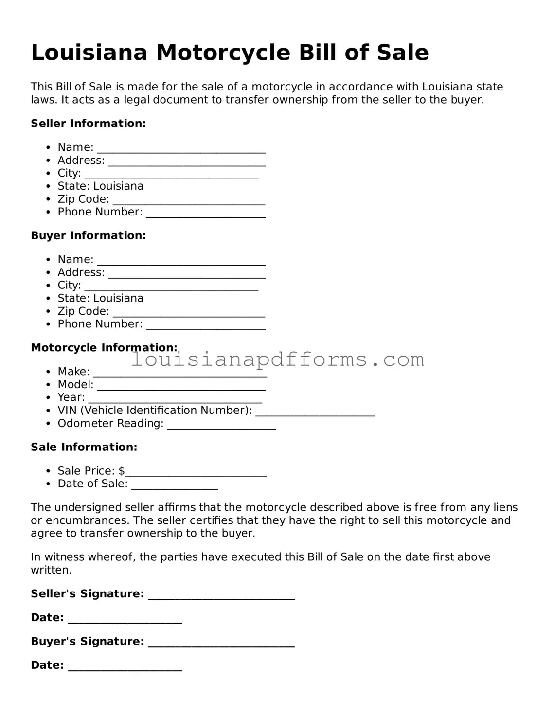 Louisiana Motorcycle Bill of Sale Form
