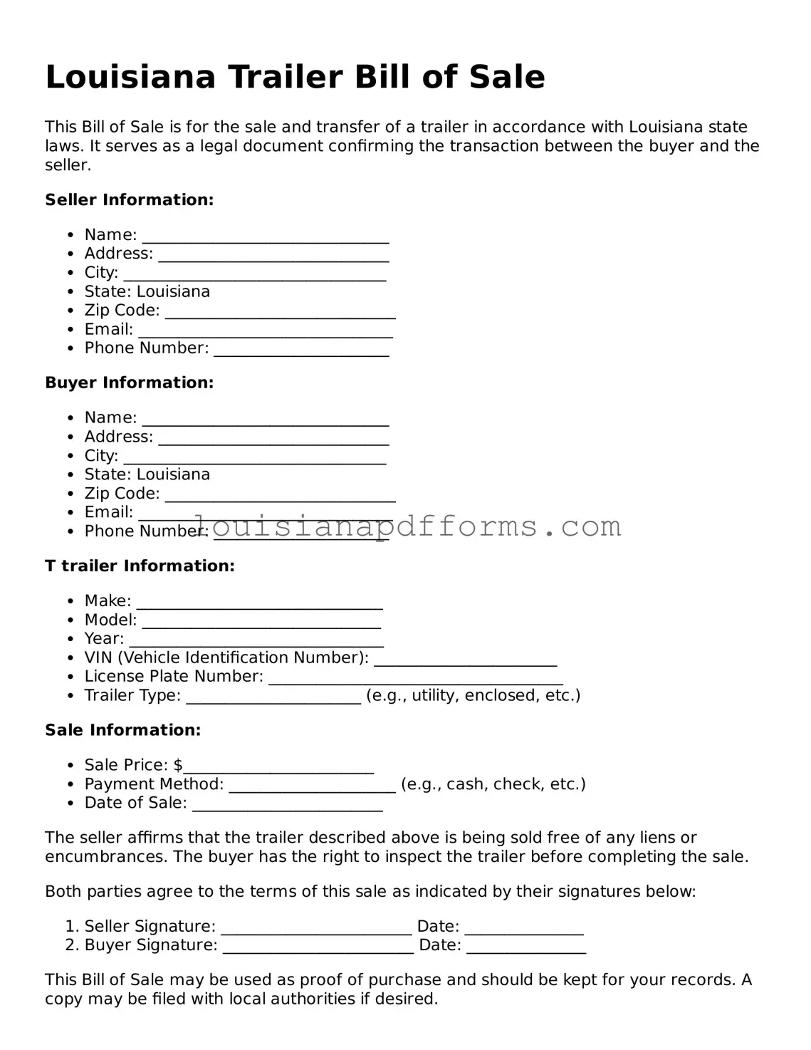 Louisiana Trailer Bill of Sale Form