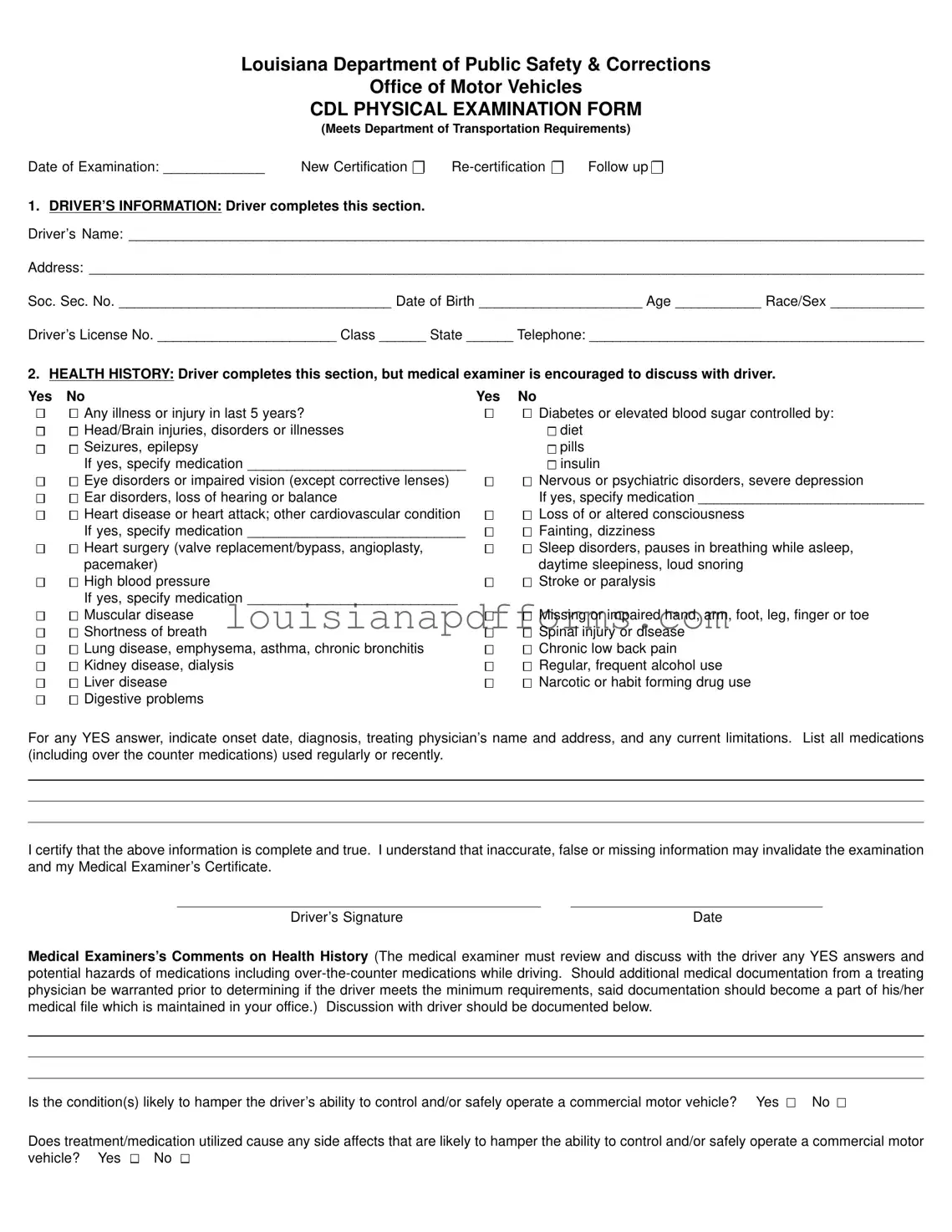 Blank Louisiana Cdl Physical PDF Form