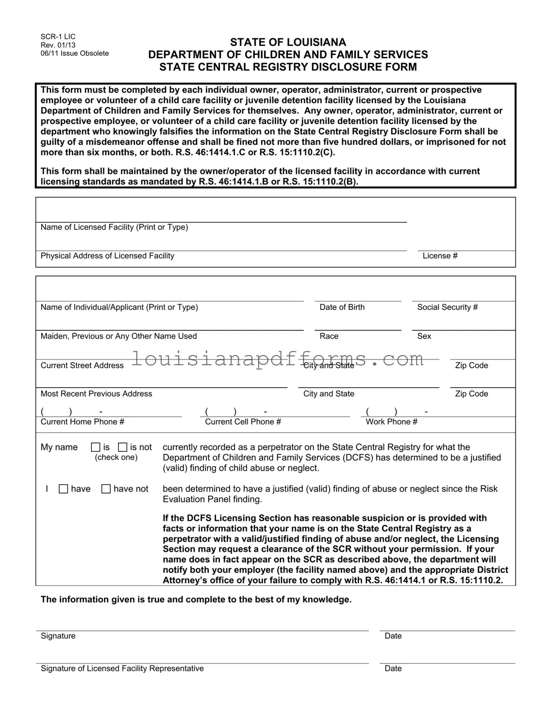 Blank Louisiana Central Registry PDF Form