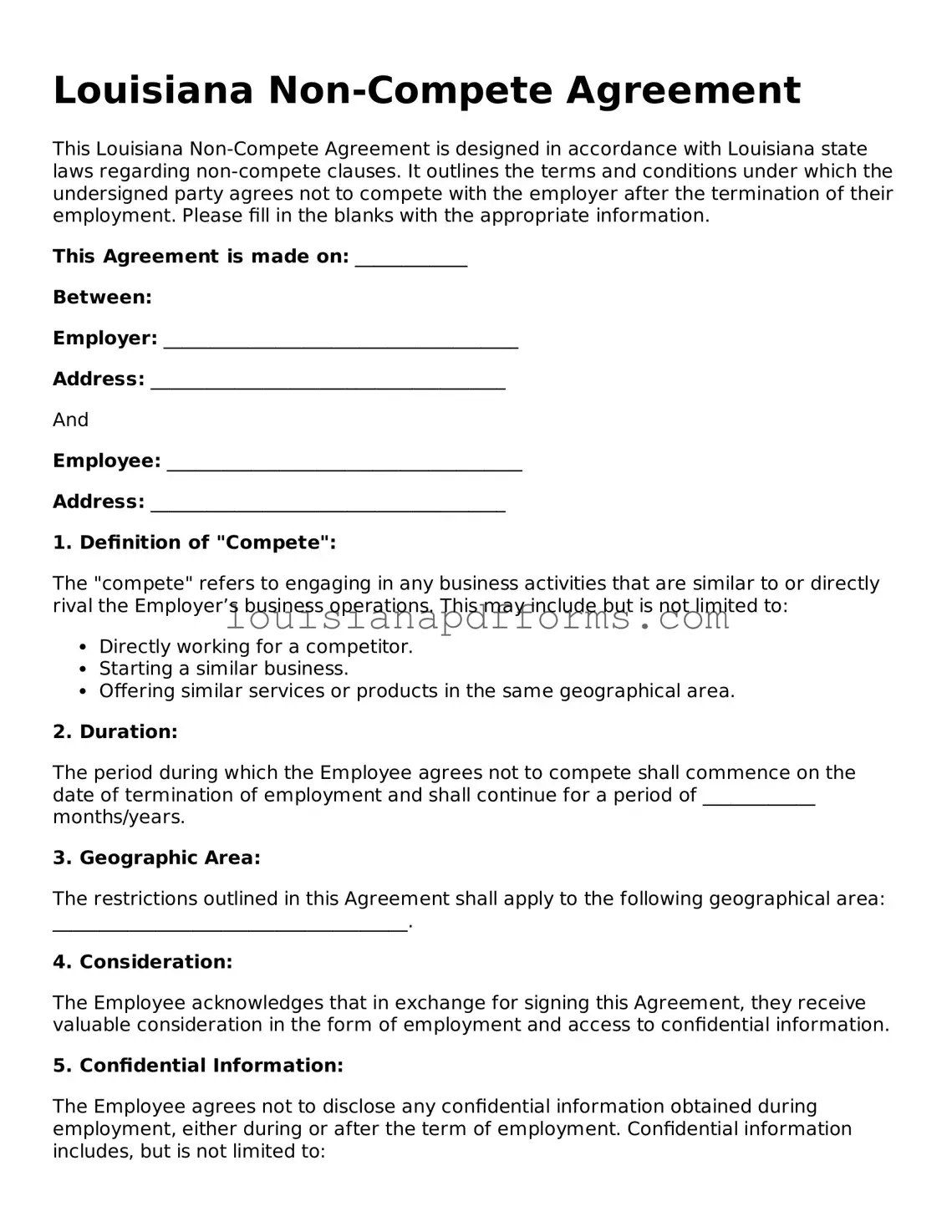 Louisiana Non-compete Agreement Form