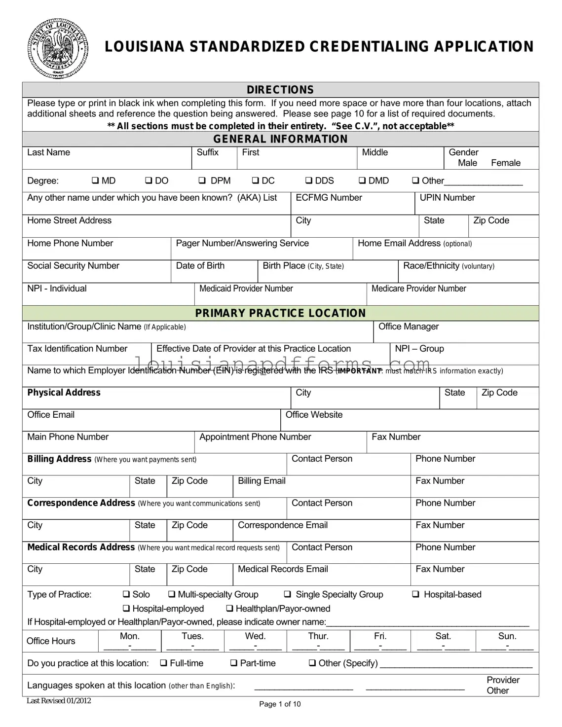 Blank Louisiana Credentialing Application PDF Form