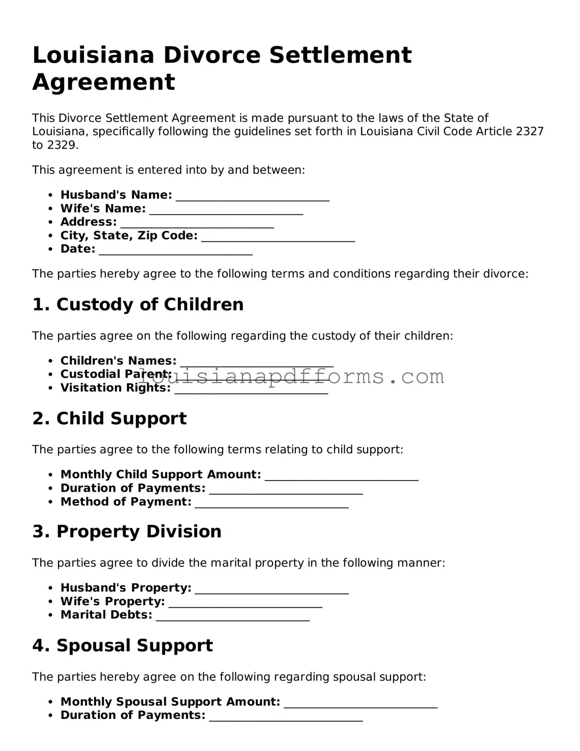 Louisiana Divorce Settlement Agreement Form