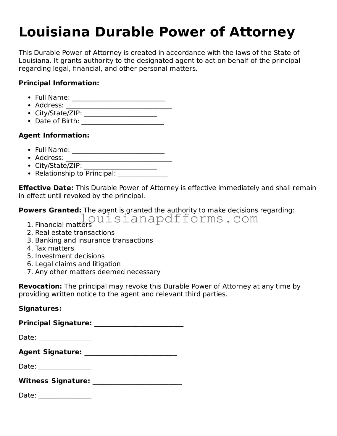 Louisiana Durable Power of Attorney Form