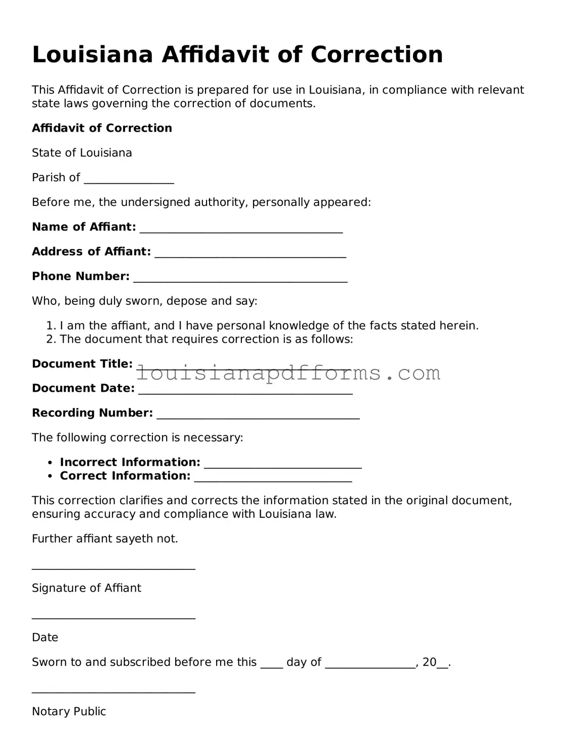 Louisiana Affidavit of Correction Form