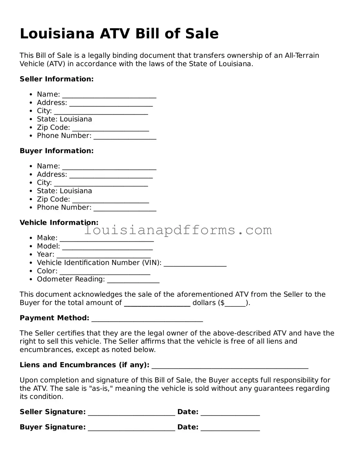 Louisiana ATV Bill of Sale Form