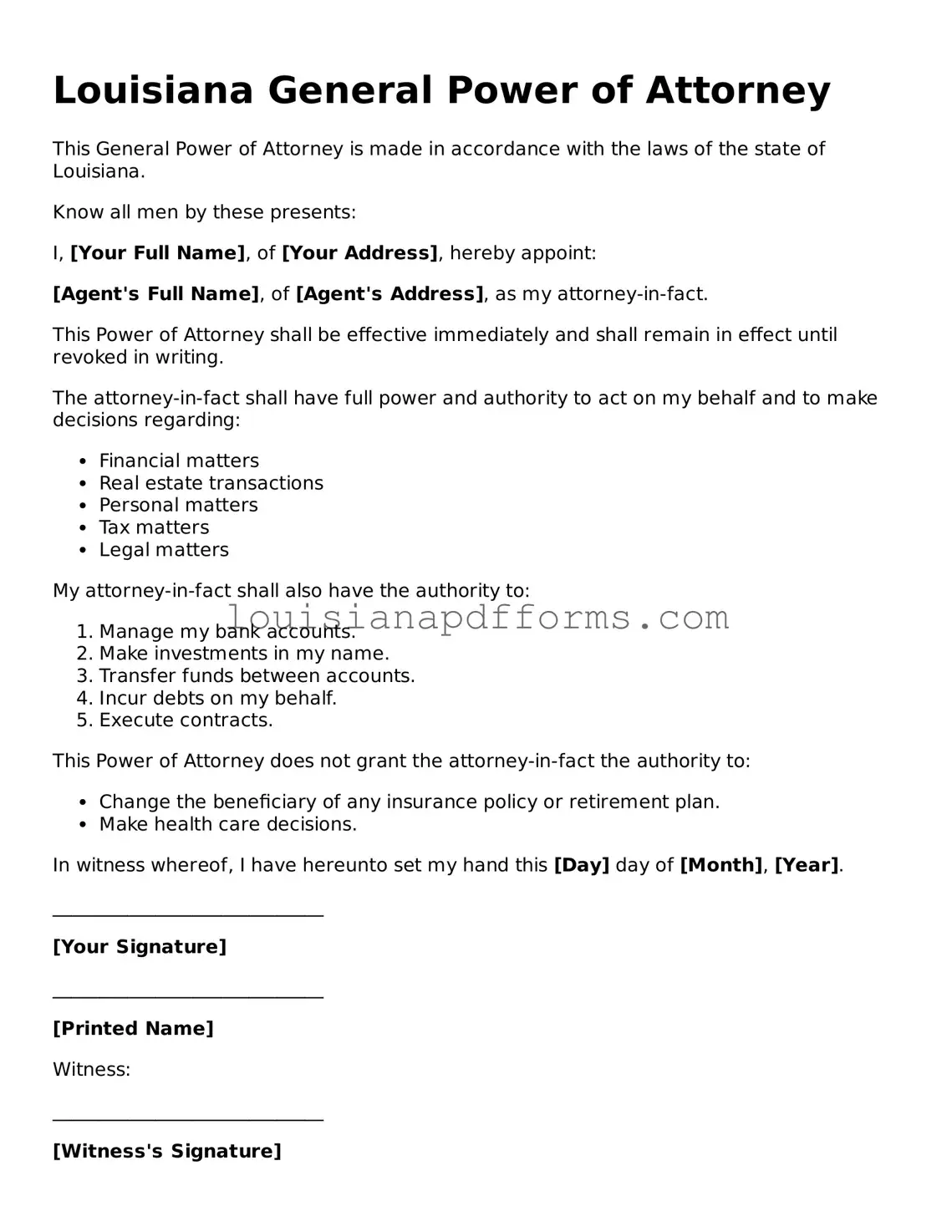 Louisiana General Power of Attorney Form
