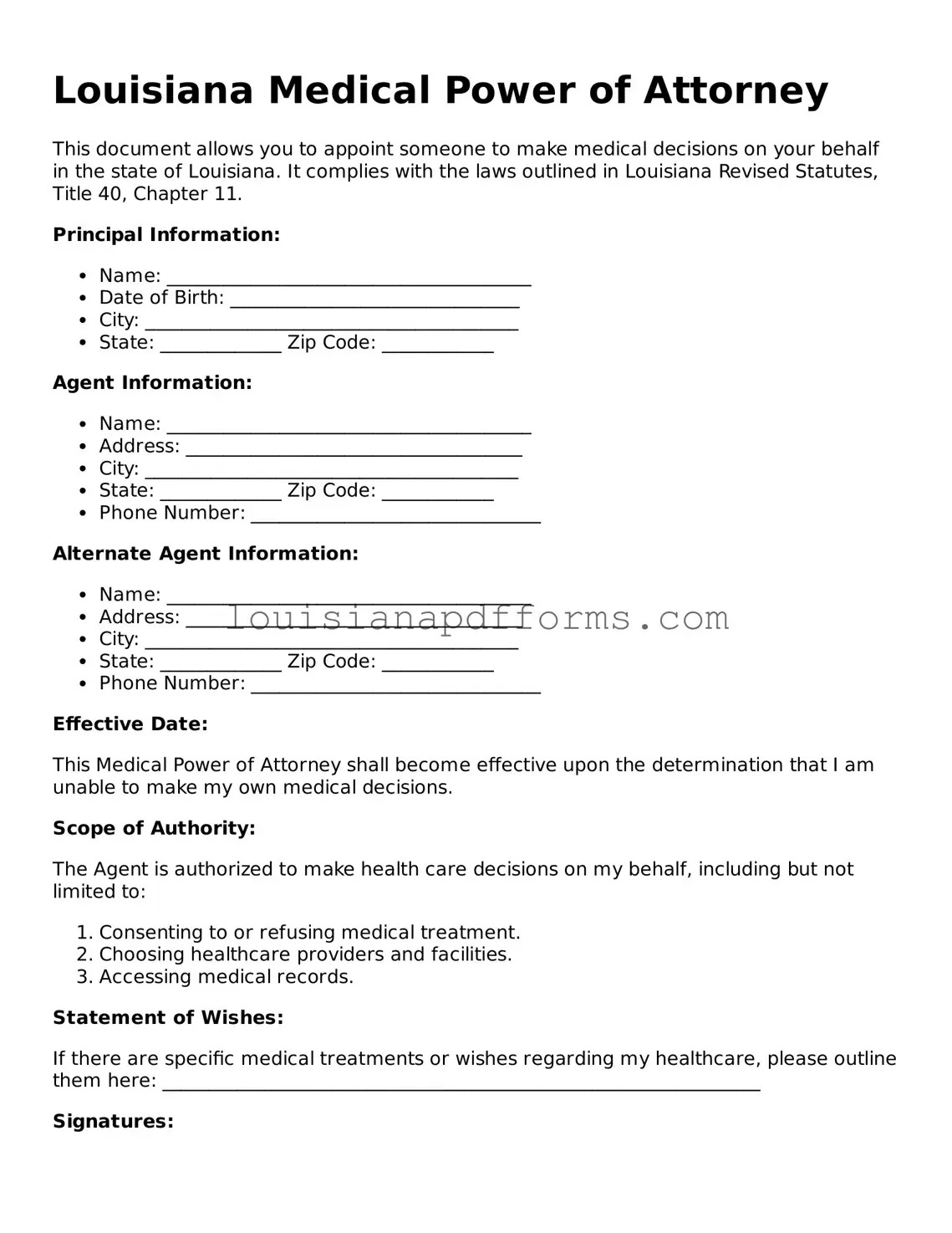 Louisiana Medical Power of Attorney Form