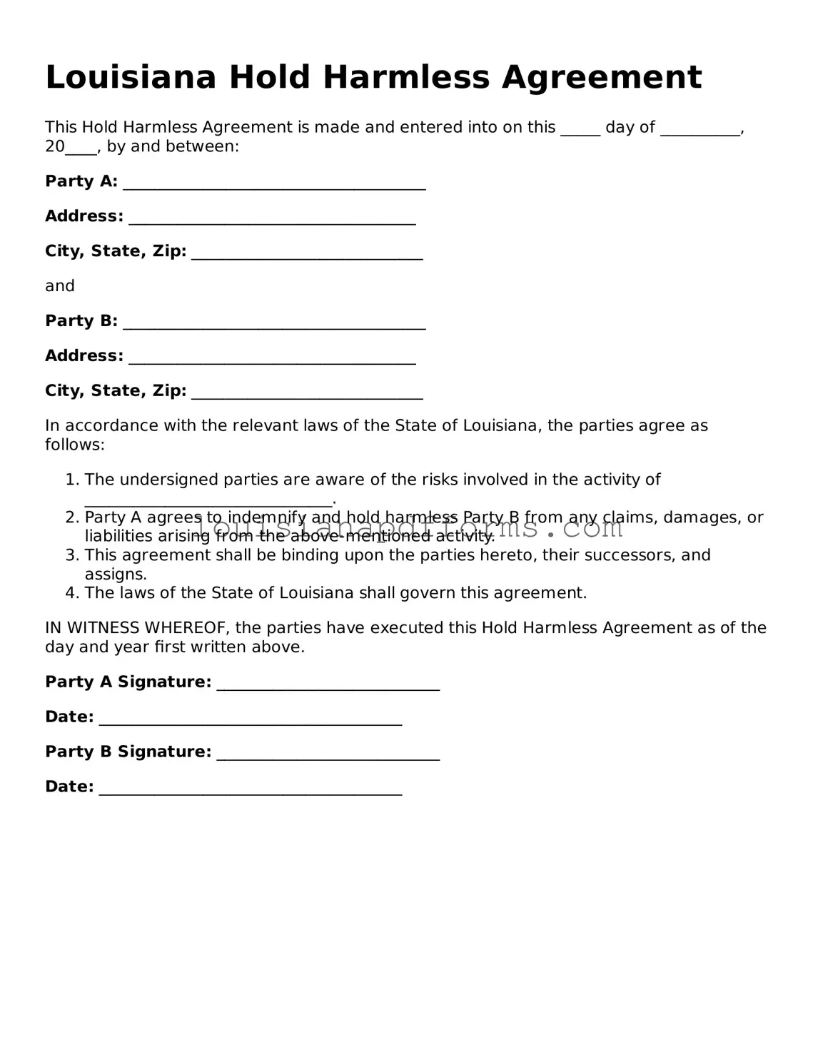 Louisiana Hold Harmless Agreement Form