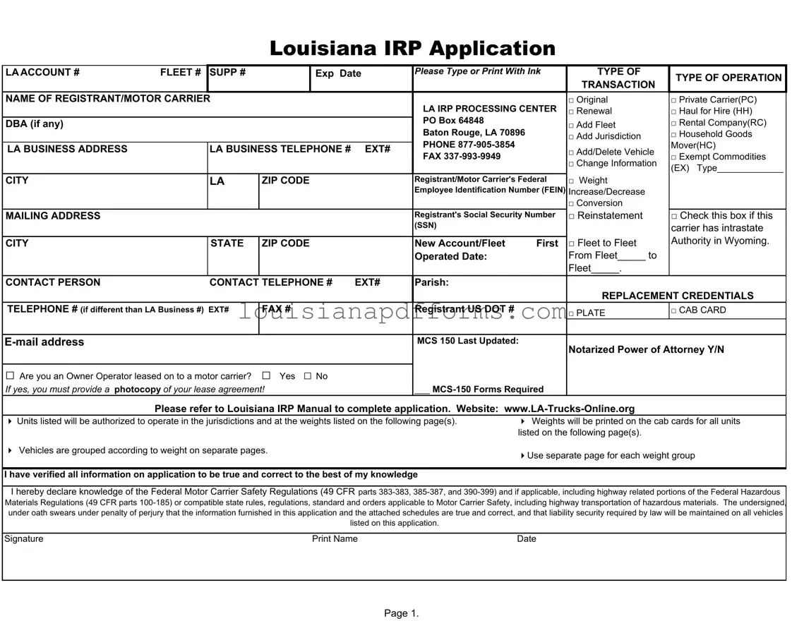 Blank Louisiana Irp Application PDF Form