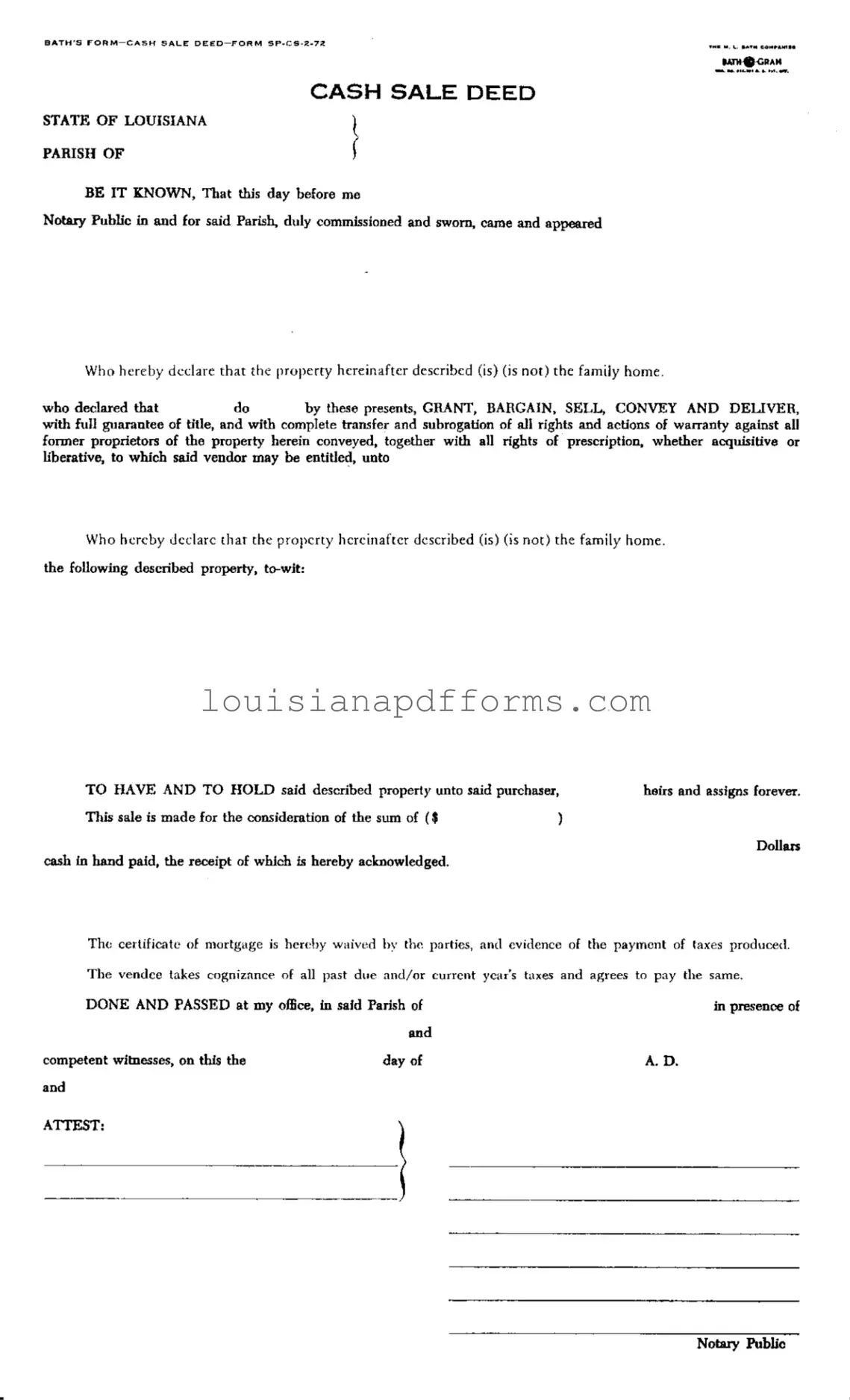 Blank Louisiana Land Cash Sale PDF Form