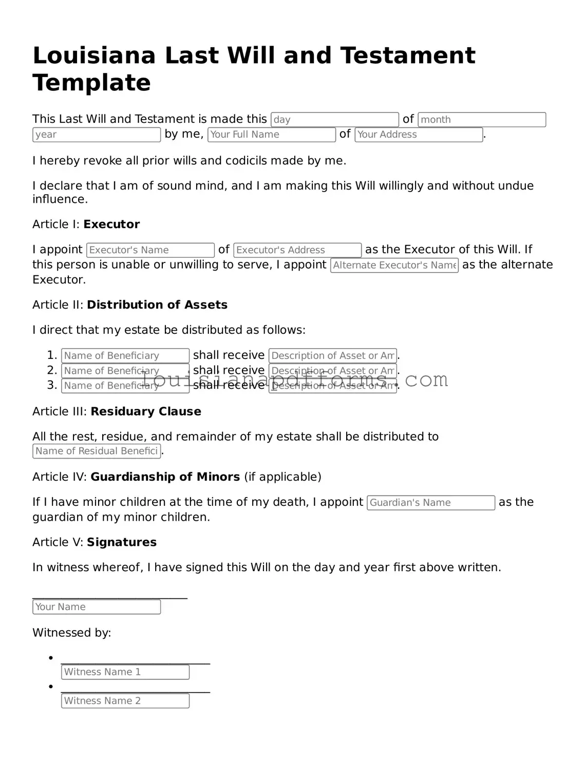 Louisiana Last Will and Testament Form