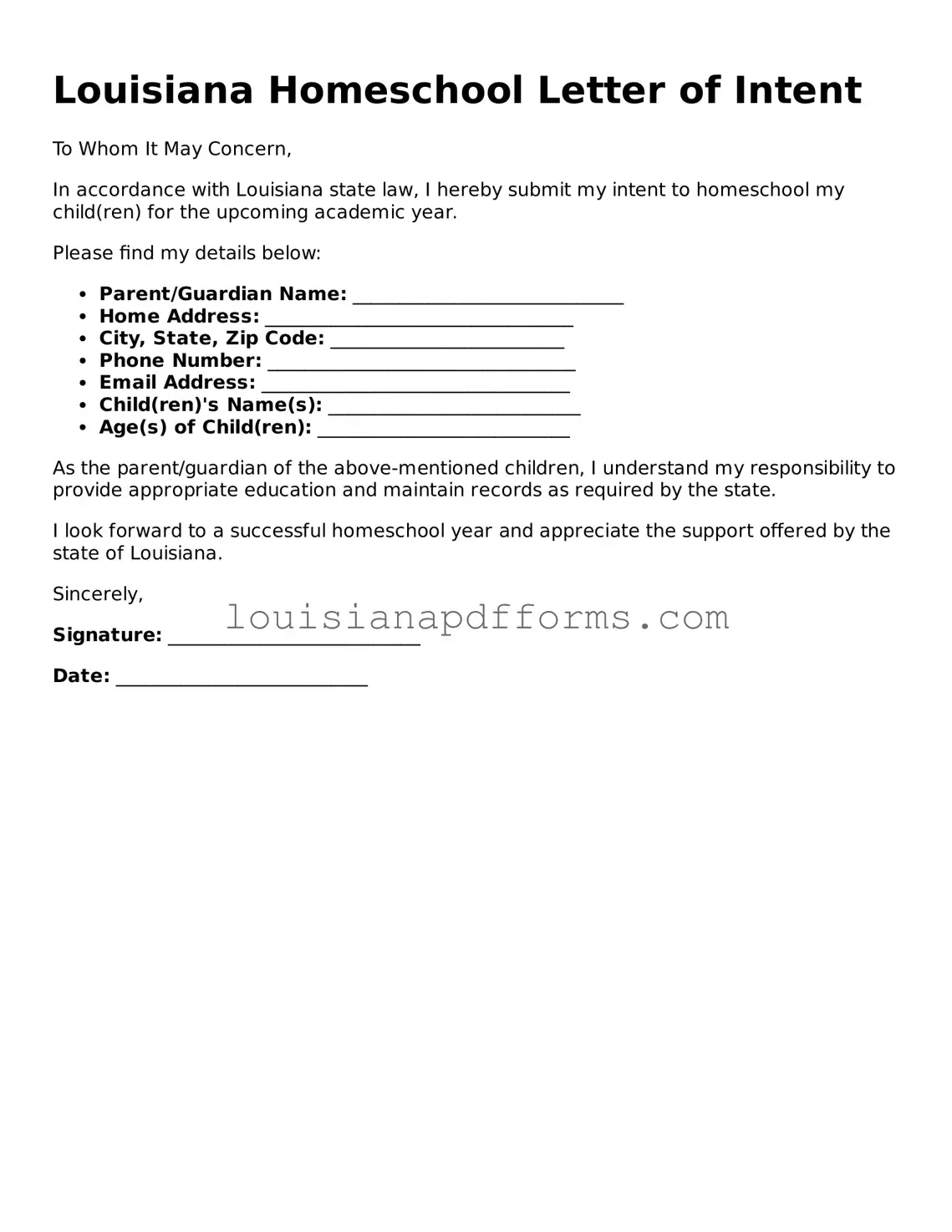 Louisiana Homeschool Letter of Intent Form