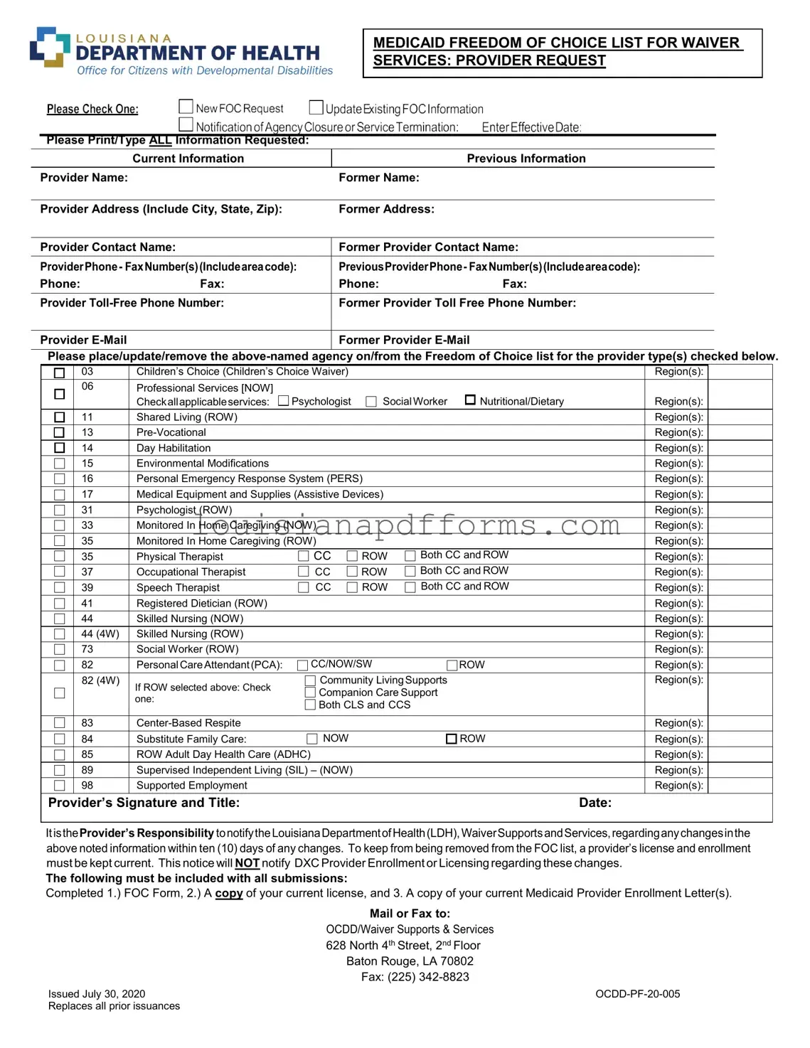 Blank Louisiana Medicaid Freedom of Choice List PDF Form