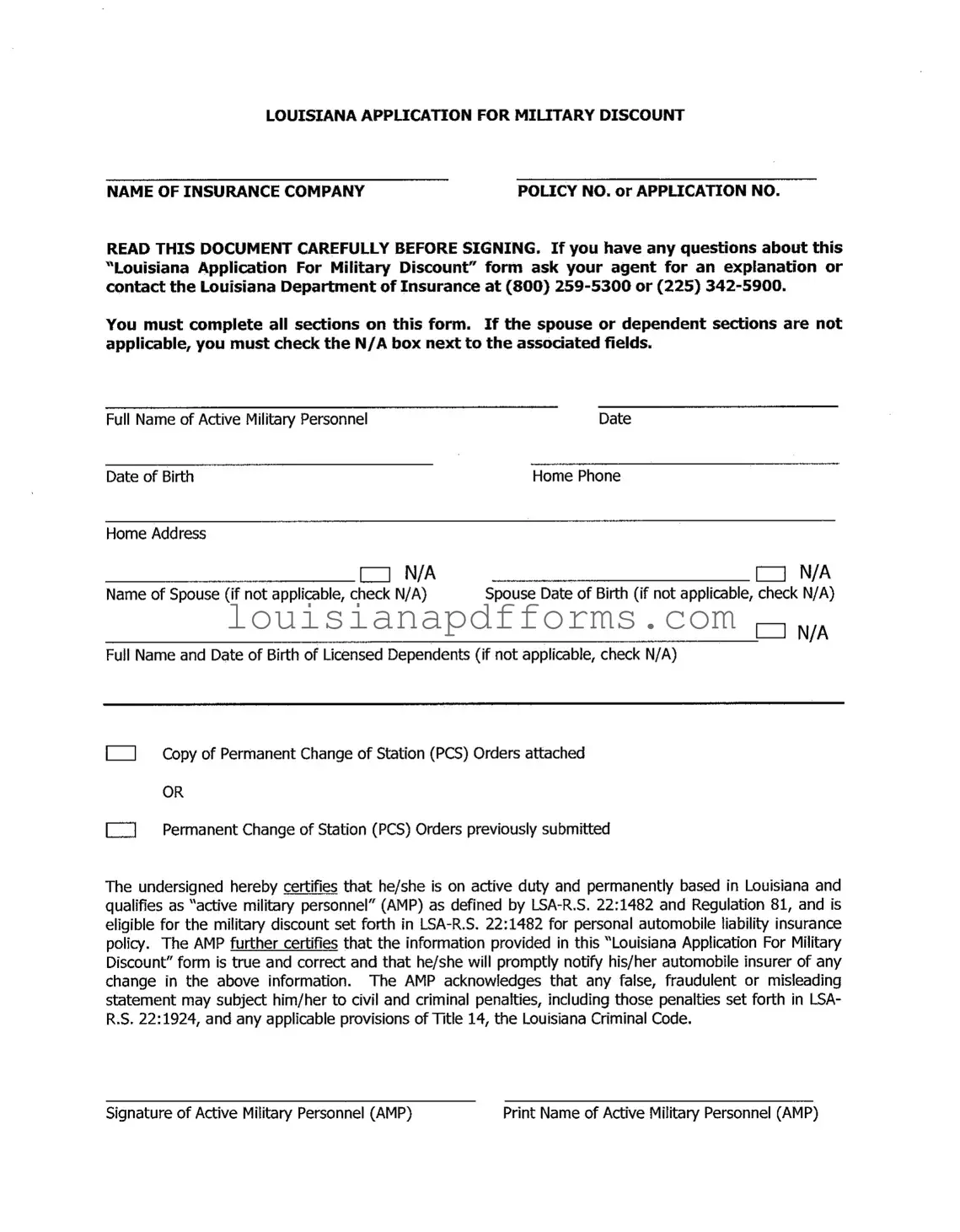 Blank Louisiana Military Discount PDF Form