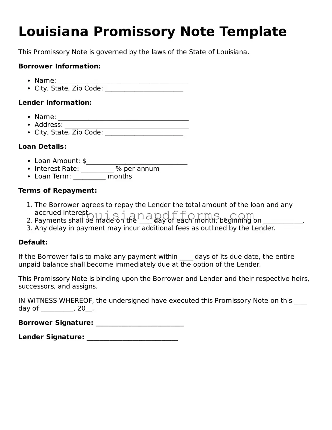 Louisiana Promissory Note Form