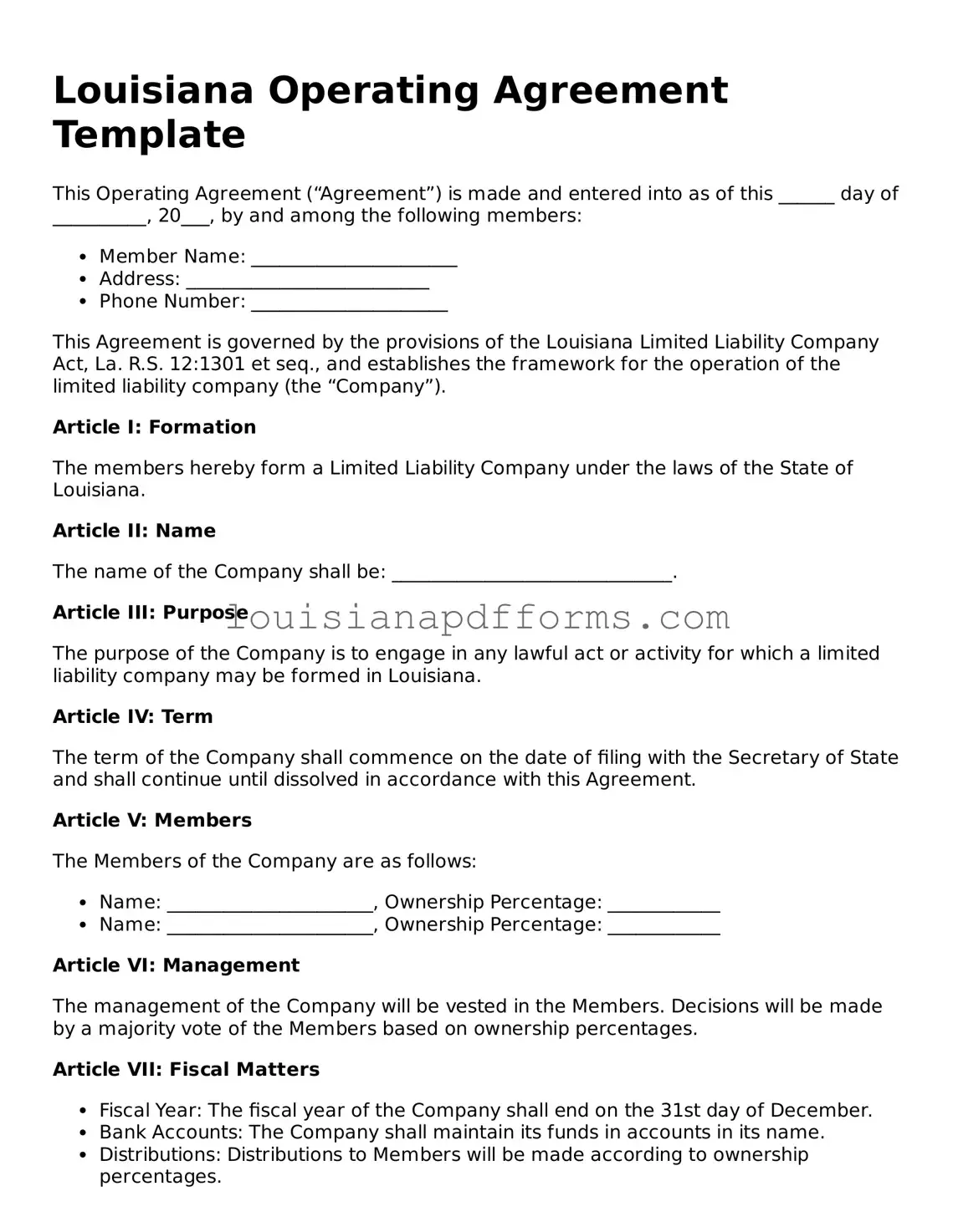 Louisiana Operating Agreement Form
