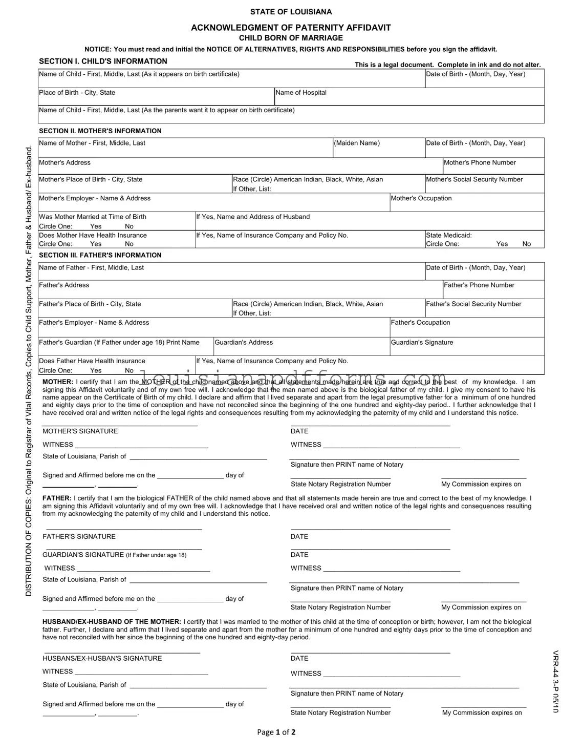 Blank Louisiana Paternity PDF Form