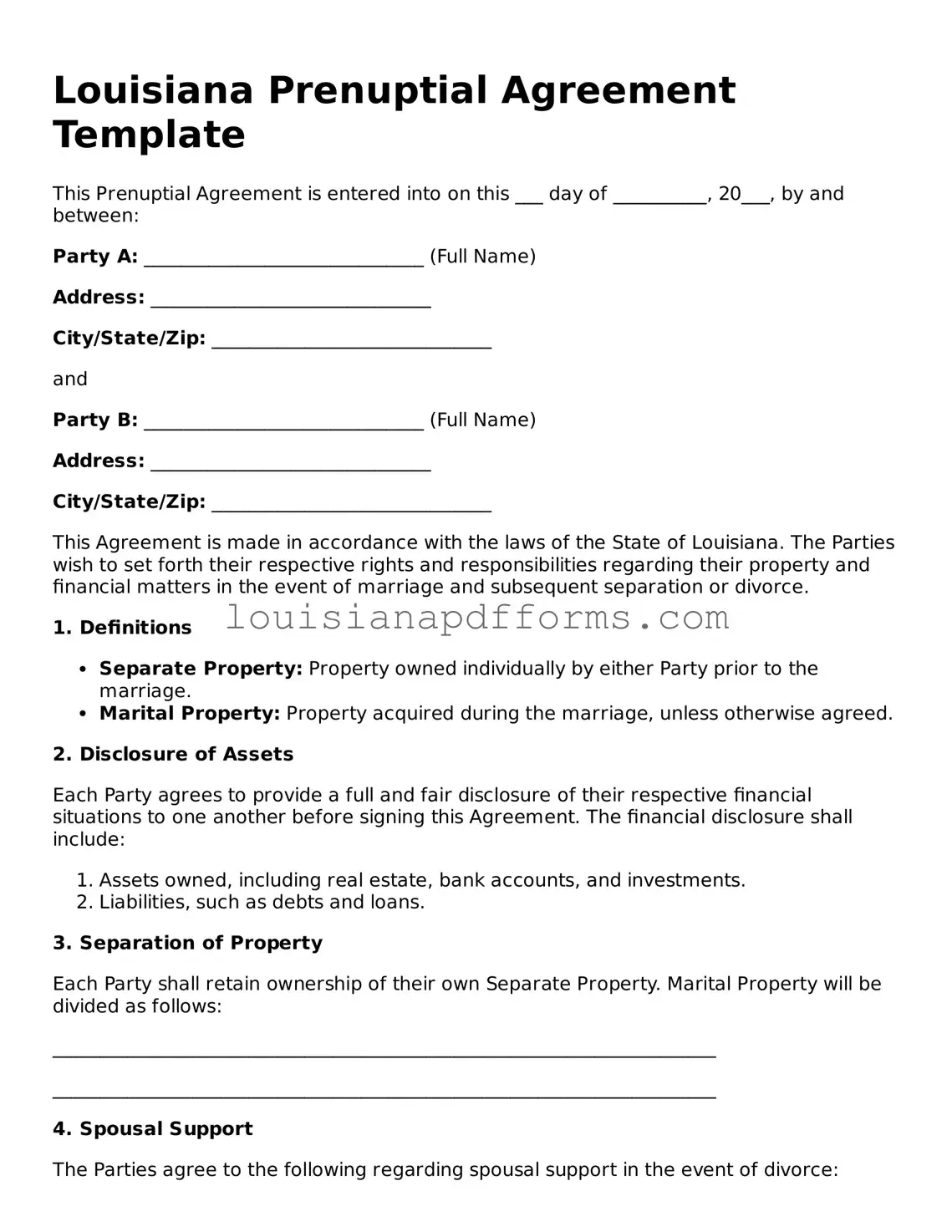 Louisiana Prenuptial Agreement Form