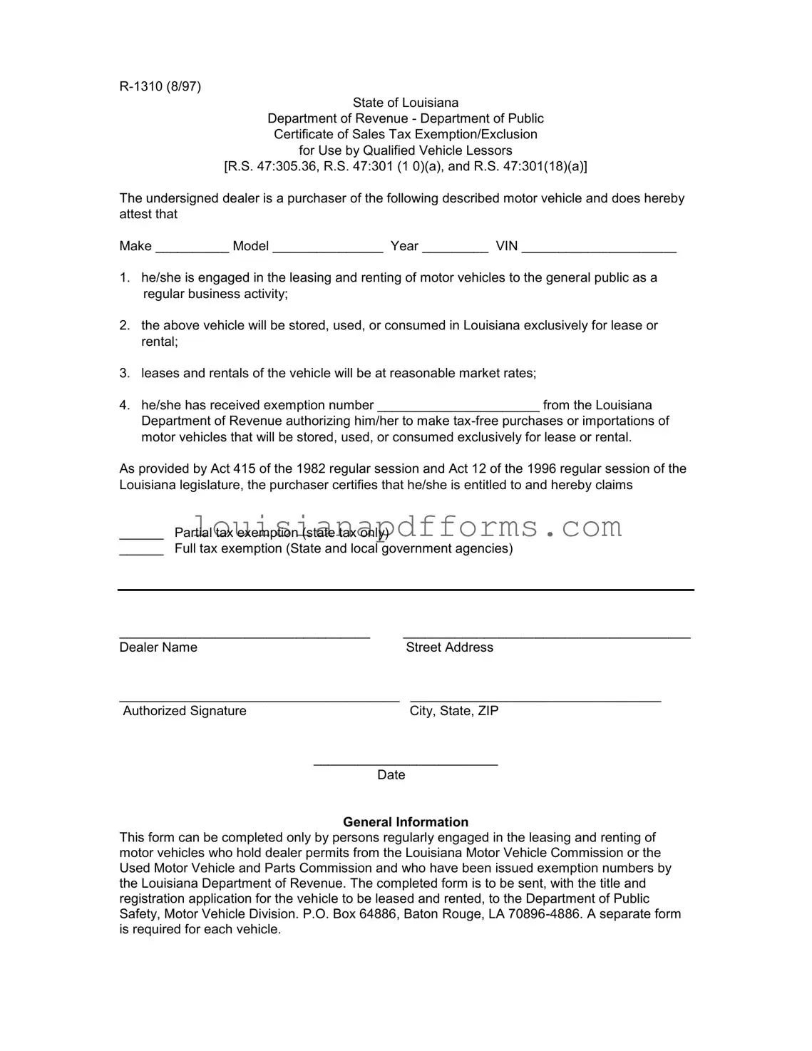 Blank Louisiana R 1310 PDF Form