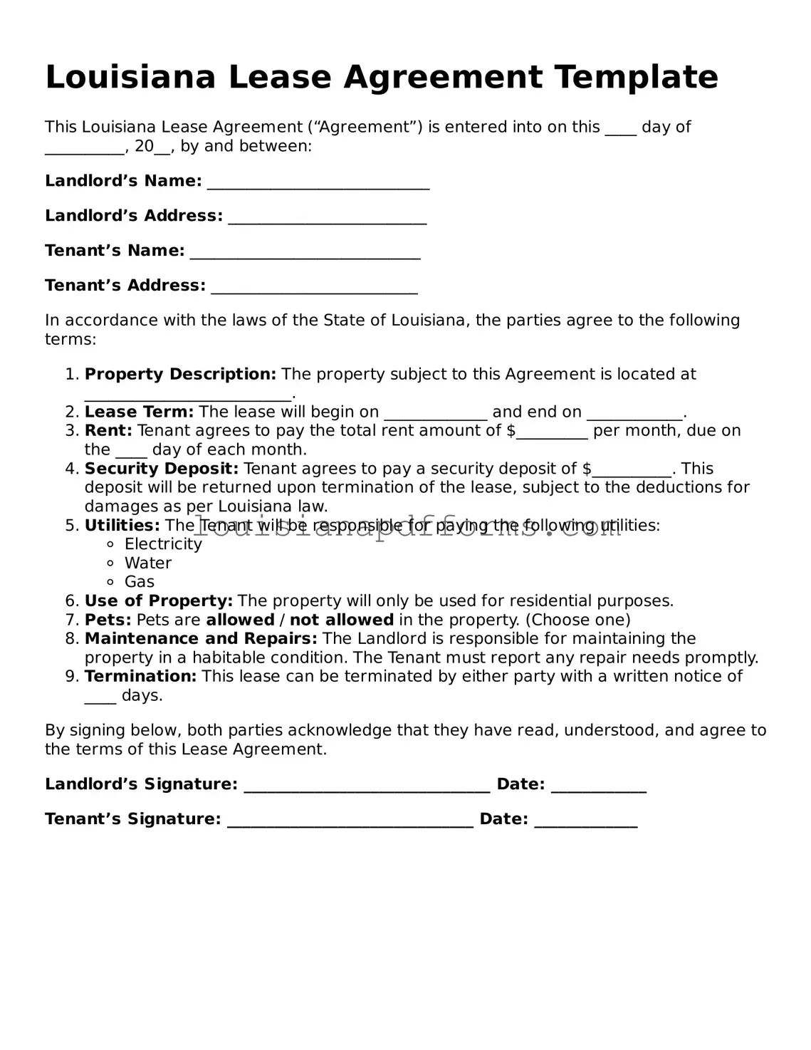 Louisiana Lease Agreement Form
