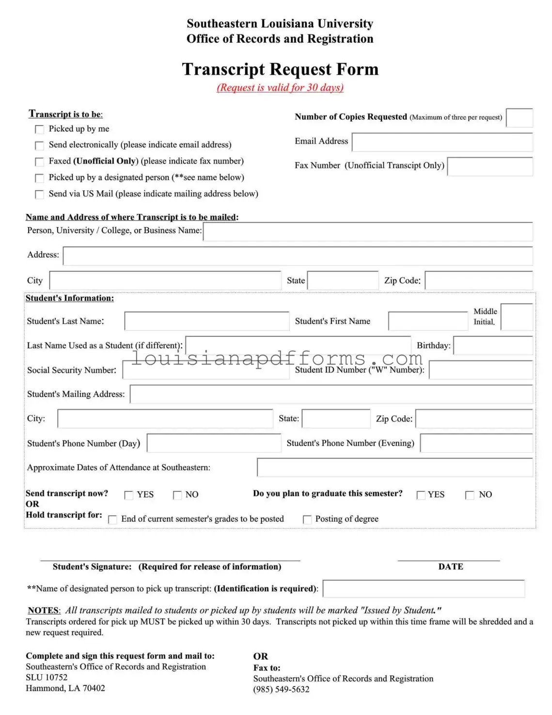Blank Louisiana Request PDF Form