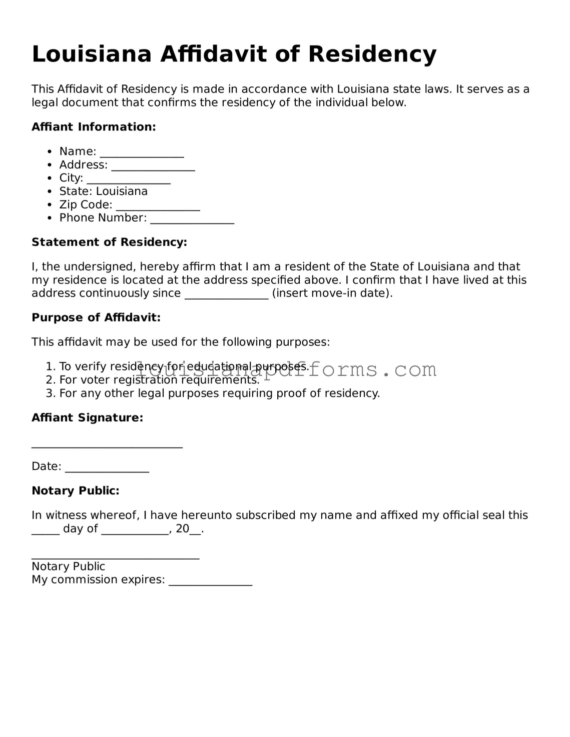 Louisiana Affidavit of Residency Form
