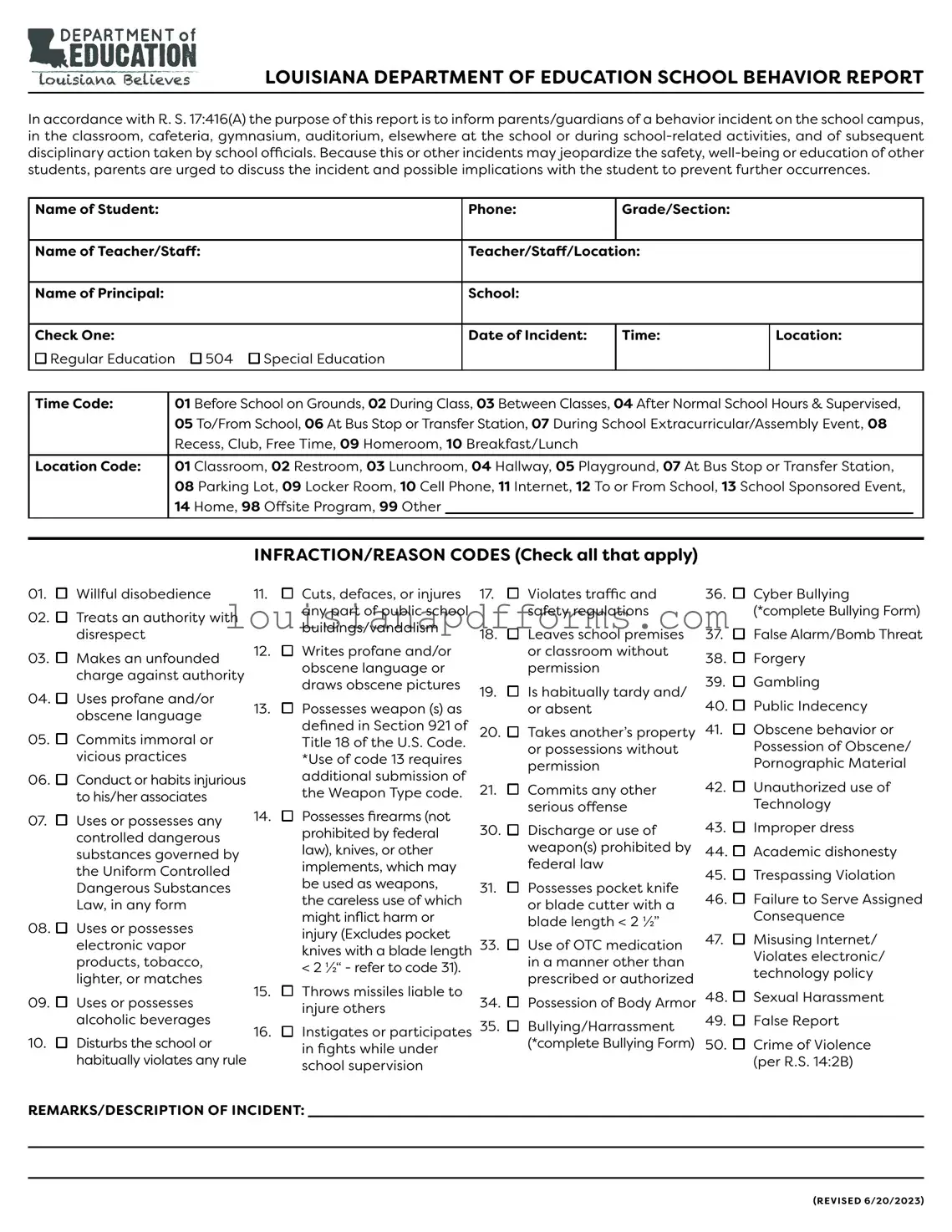 Blank Louisiana School Behavior Report PDF Form