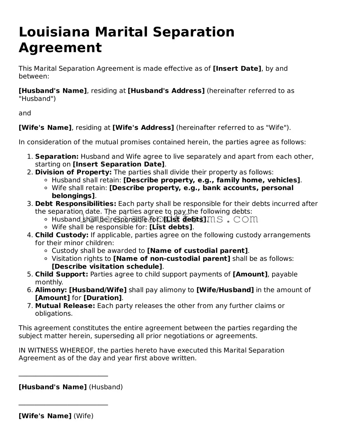Louisiana Marital Separation Agreement Form