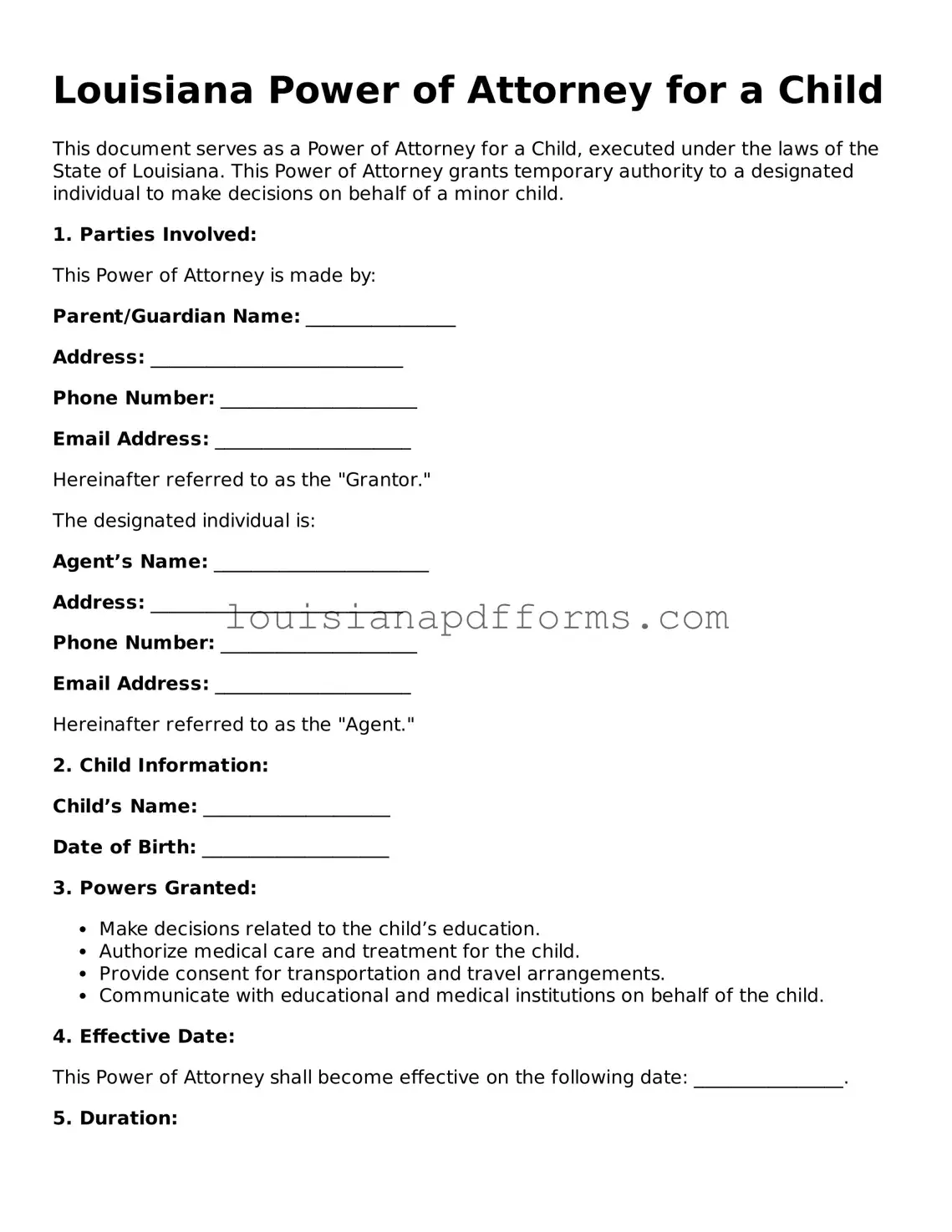 Louisiana Power of Attorney for a Child Form