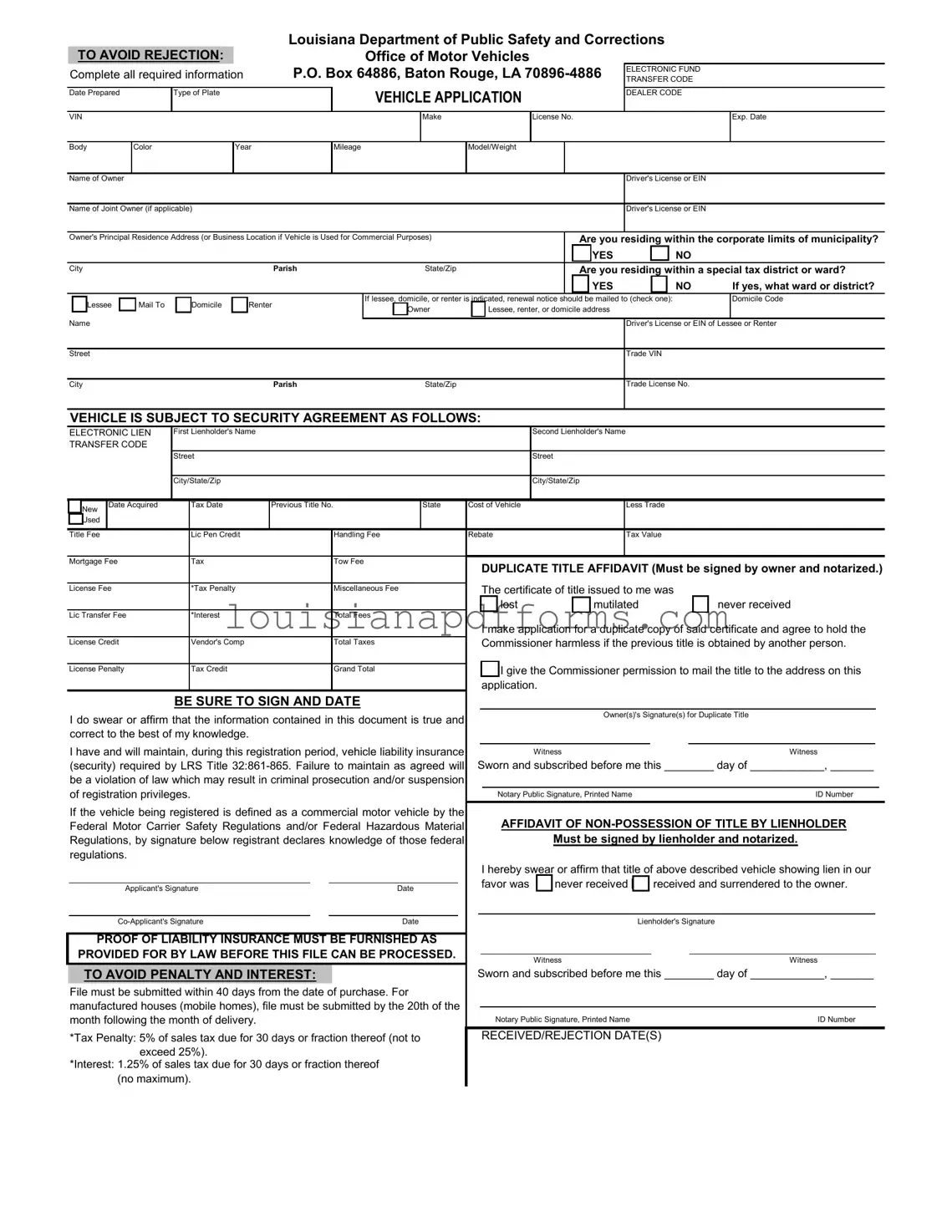Blank Louisiana Vehicle Application PDF Form