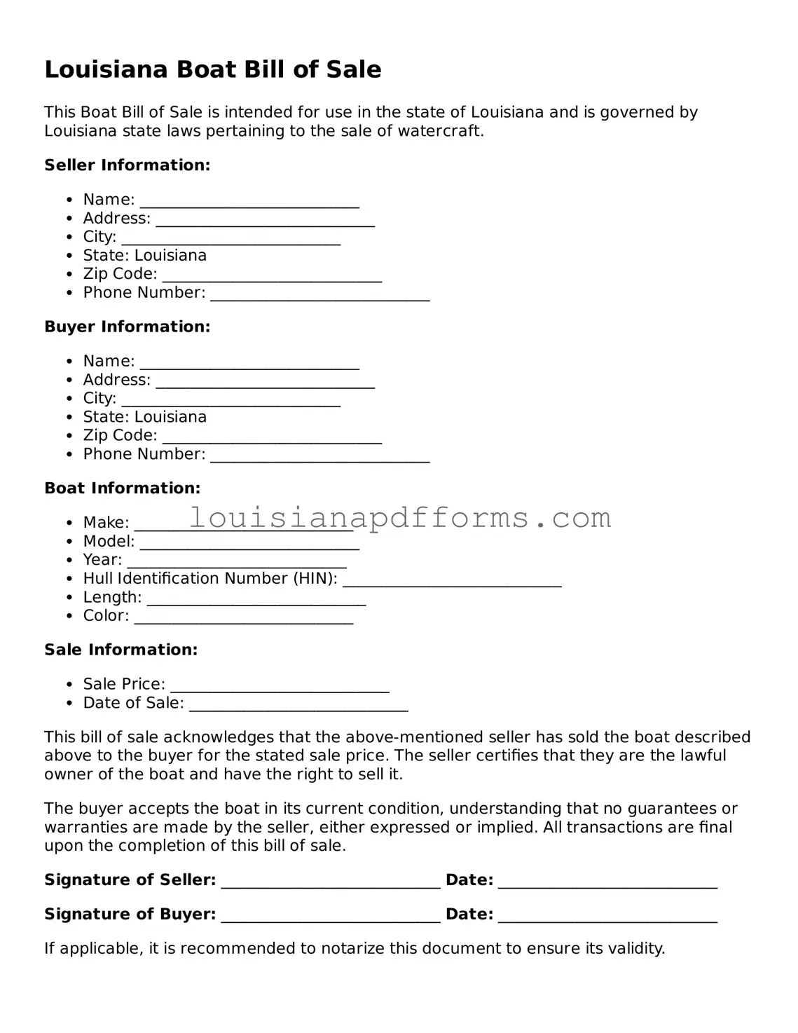 Louisiana Boat Bill of Sale Form
