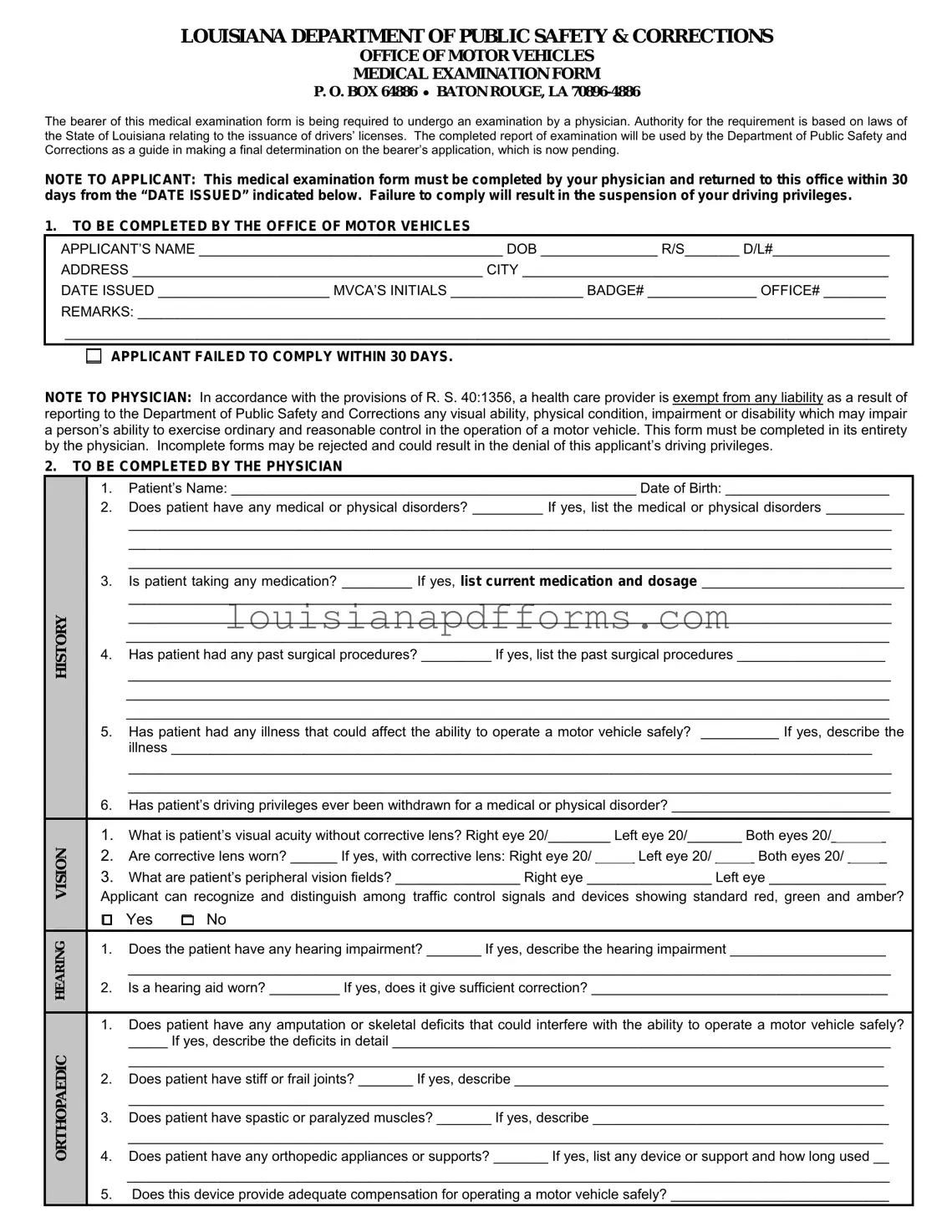 Blank Medical Examination Louisiana PDF Form