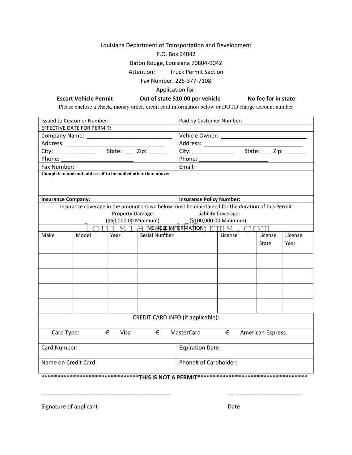 Blank Permit Louisiana Pilot Car PDF Form