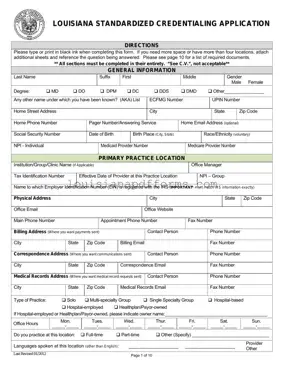 Blank Louisiana Credentialing Application PDF Form