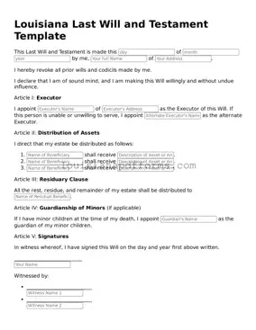 Louisiana Last Will and Testament Form
