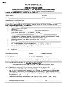 Blank State Of Louisiana Medication Order PDF Form