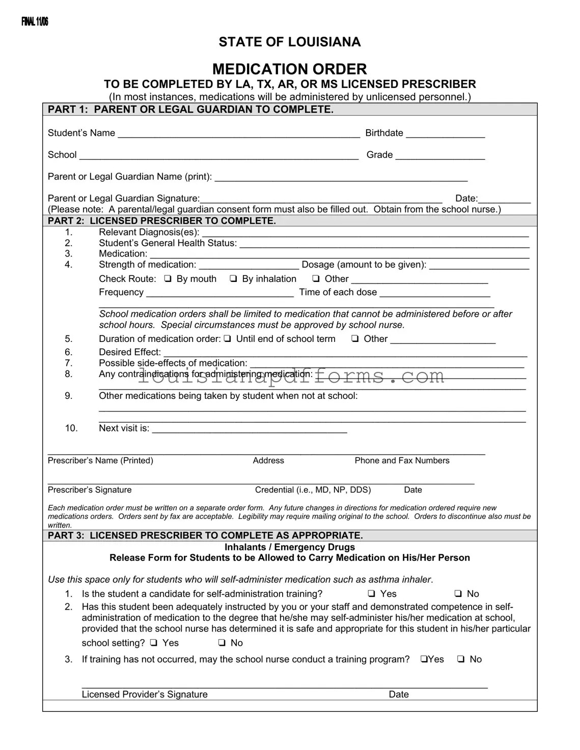 Blank State Of Louisiana Medication Order PDF Form