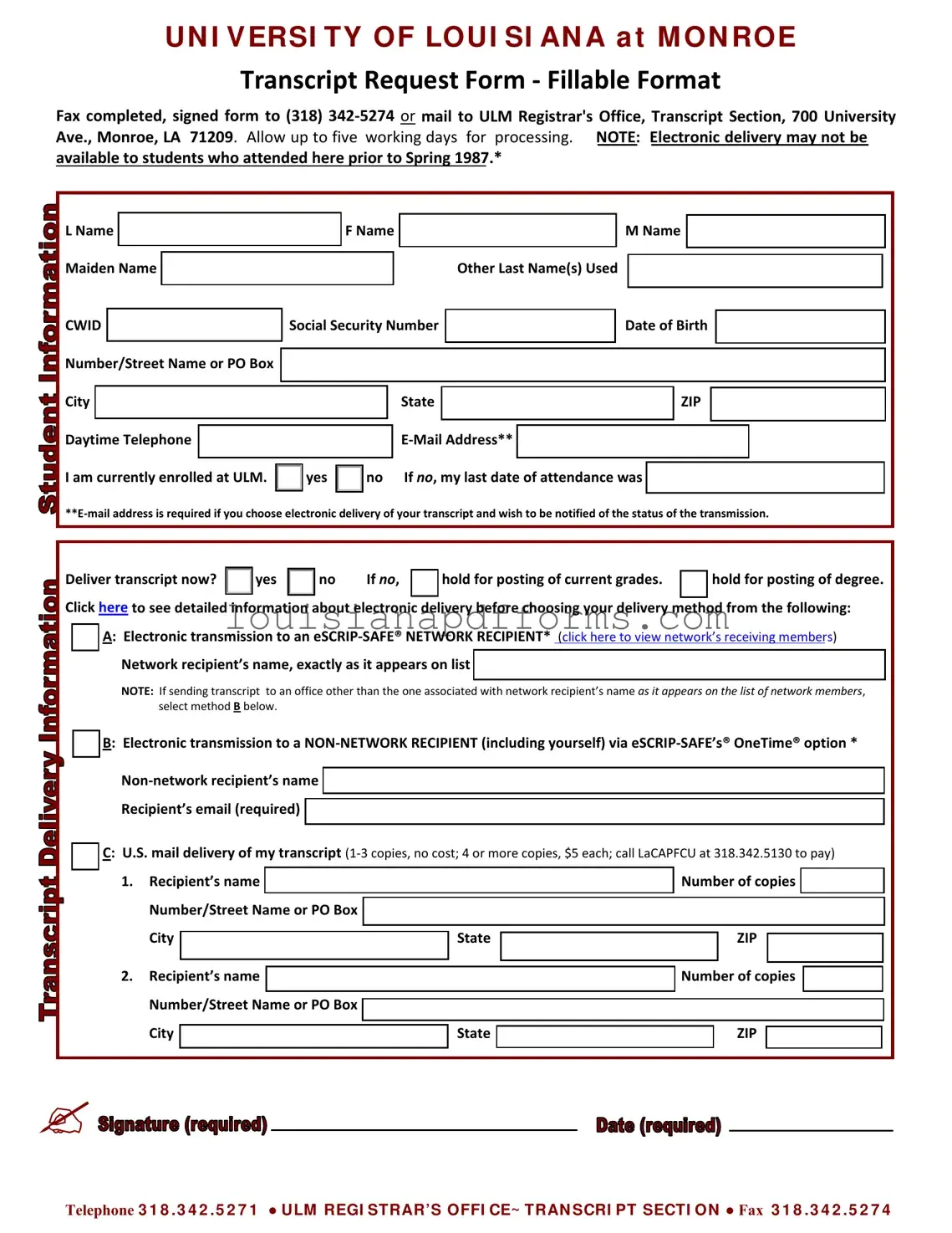 Blank University Louisiana Transcript PDF Form